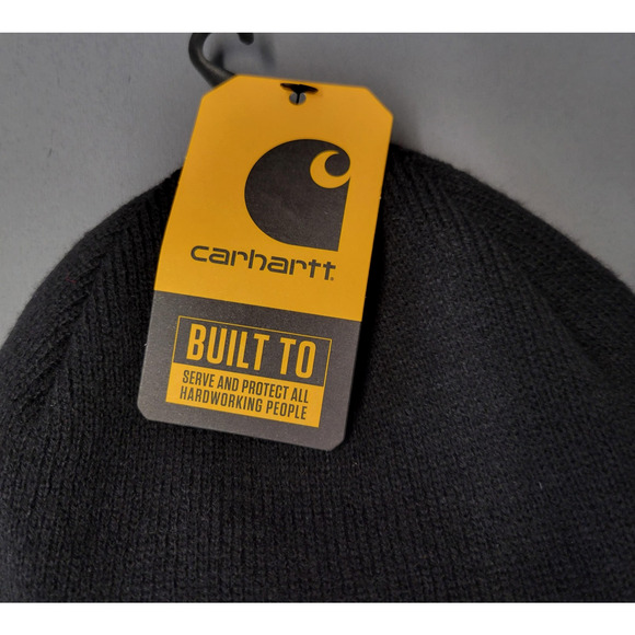 Carhartt Hat Beanie Fitted Mens One Size Black Knit Cuff Patch Logo Workwear - Picture 2 of 5